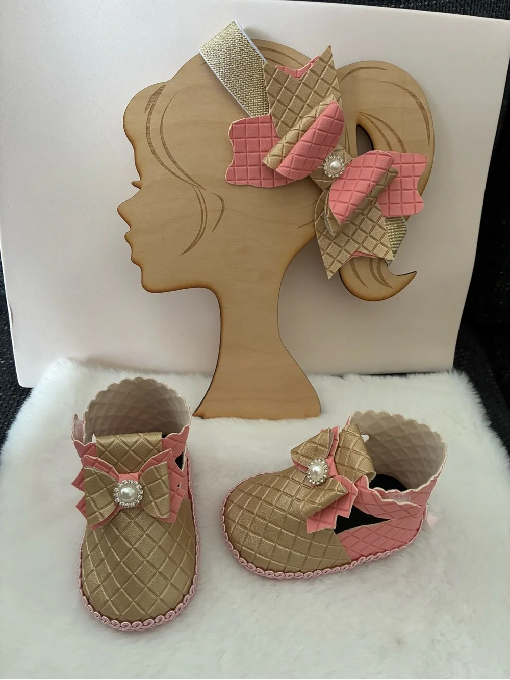 NATURAL LIFE Blue Floral Baby Shoes with Gold Accents and Headband